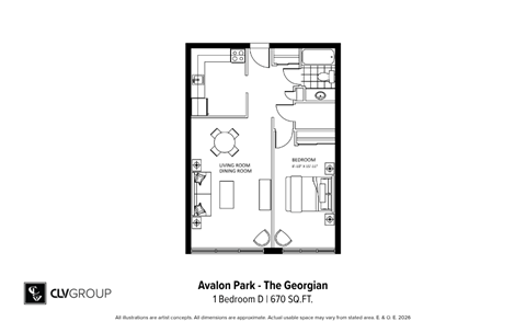 Floor plan for 1 bed, 1 bath, 670 sqft